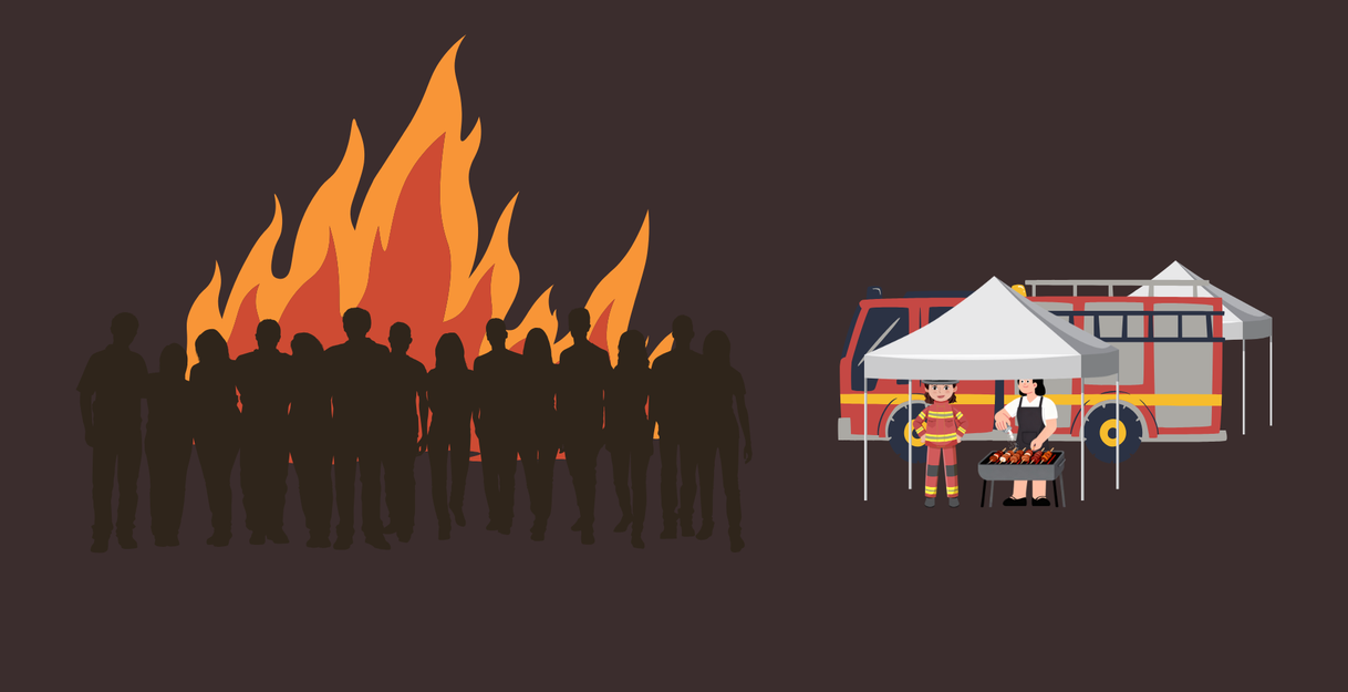 Illustration eines Osterfeuers mit Menschenmenge und Feuerwehrzelt.