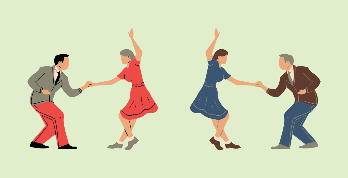 Zwei Paare tanzen im Swing-Stil auf einem hellgrünen Hintergrund.