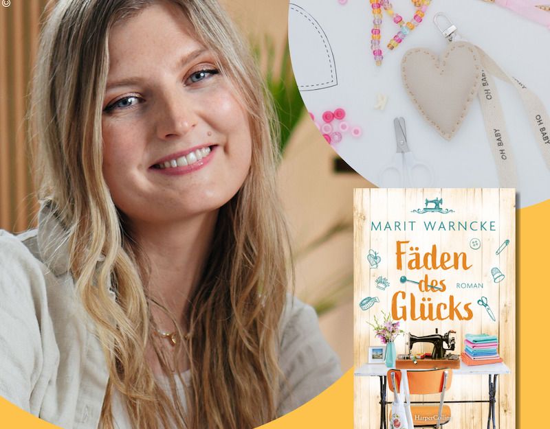 Porträt einer lächelnden Frau neben einem Buchcover und DIY-Materialien.