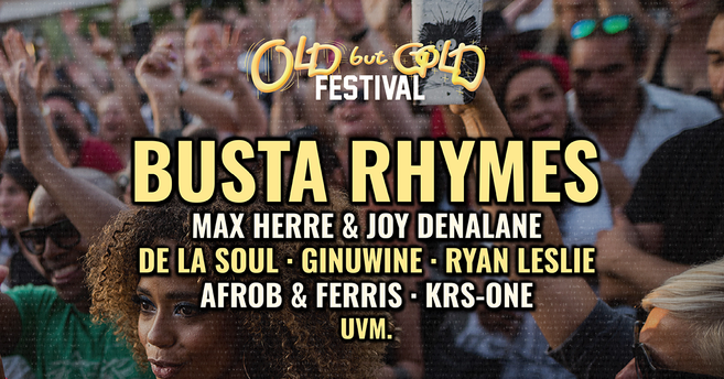 Werbung für das Old but Gold Ü30 HipHop Festival in Hamburg mit Künstlernamen wie Busta Rhymes und De La Soul.
