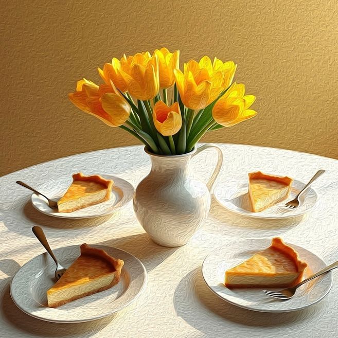 Ein runder Tisch mit vier Tellern, auf denen Kuchenstücke liegen, und einer Vase mit gelben Tulpen in der Mitte.