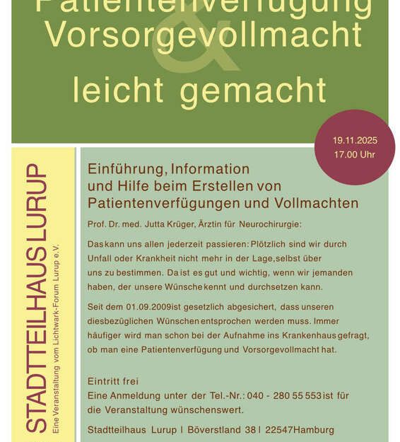 Einladung zu einer Veranstaltung über Patientenverfügung und Vorsorgevollmacht im Stadtteilhaus Lurup.