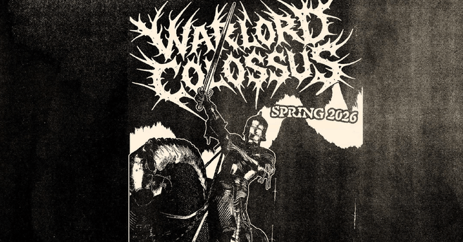 Ein Ritter auf einem Pferd mit einem Schwert, umgeben von dem Schriftzug 'Warlord Colossus' und 'Spring 2026'.