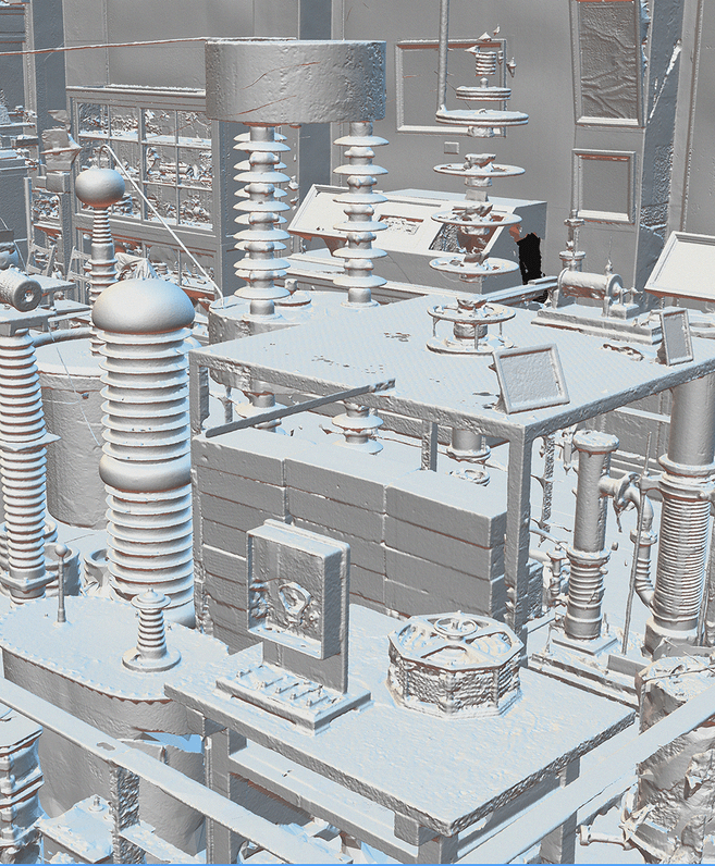 A digitally rendered image showing a dense arrangement of industrial machines, control panels, insulators, and mechanical components. The scene is dominated by grey tones, with subtle blue and rose hues and a few black accents.