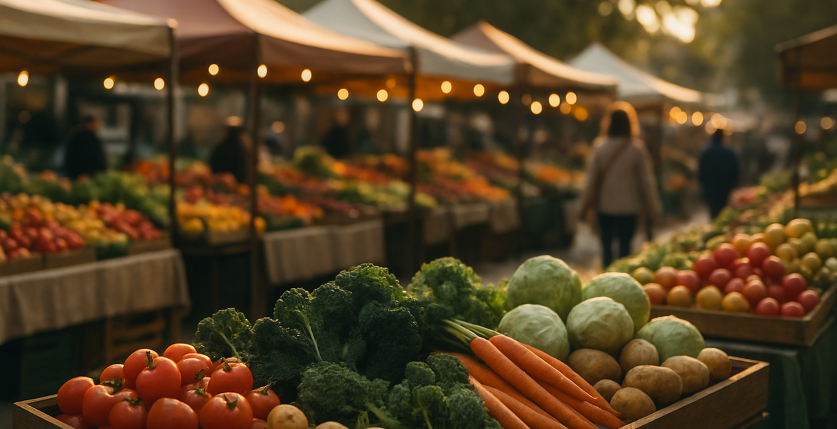 Ein belebter Marktstand mit frischem Gemüse wie Tomaten, Karotten und Brokkoli im Vordergrund, umgeben von anderen Ständen und Menschen im Hintergrund.