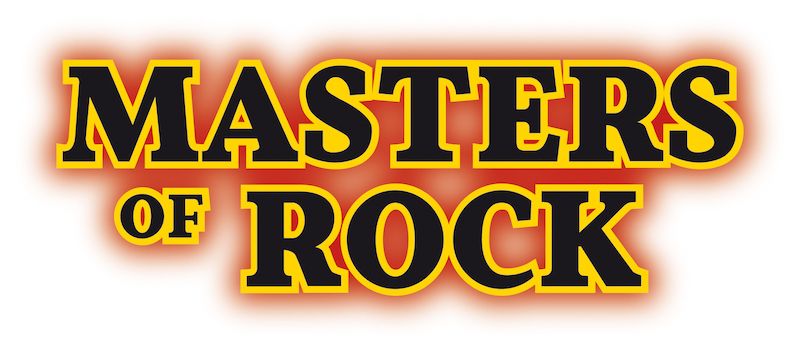 Logo mit dem Text 'Masters of Rock' in gelber und schwarzer Schrift auf rotem Hintergrund.