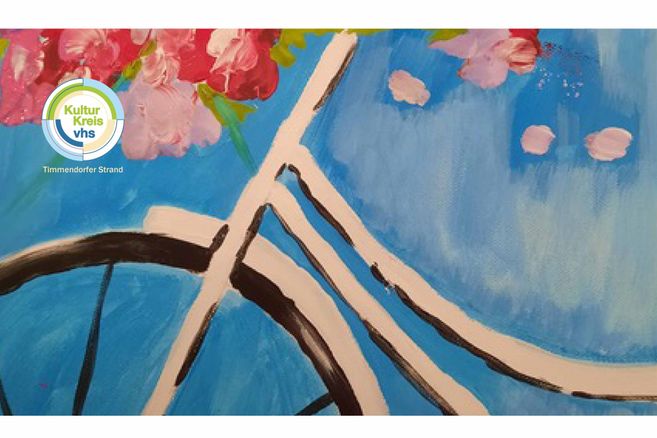 Gemälde eines Fahrrads mit Blumen auf blauem Hintergrund.