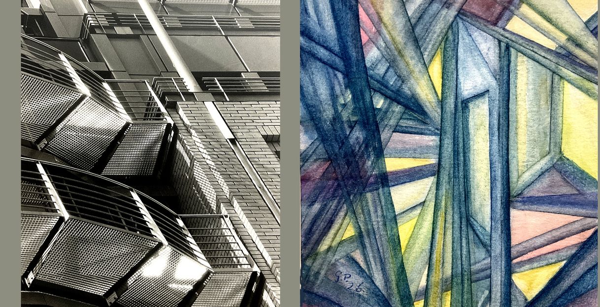 Links ein Schwarzweißfoto eines modernen Gebäudes mit Treppen, rechts ein abstraktes, farbenfrohes Gemälde mit geometrischen Formen.