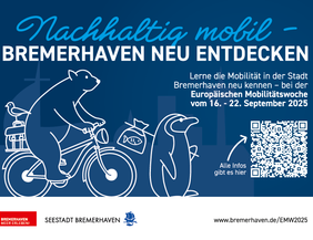 Plakat zur Europäischen Mobilitätswoche in Bremerhaven mit Bär auf Fahrrad und Pinguin, QR-Code und Infos zur Veranstaltung.