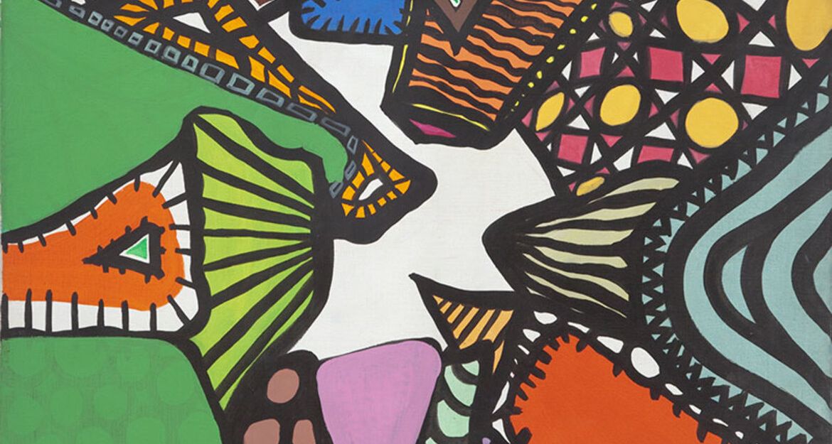 Abstrakte Kunst mit bunten geometrischen Formen und Mustern.